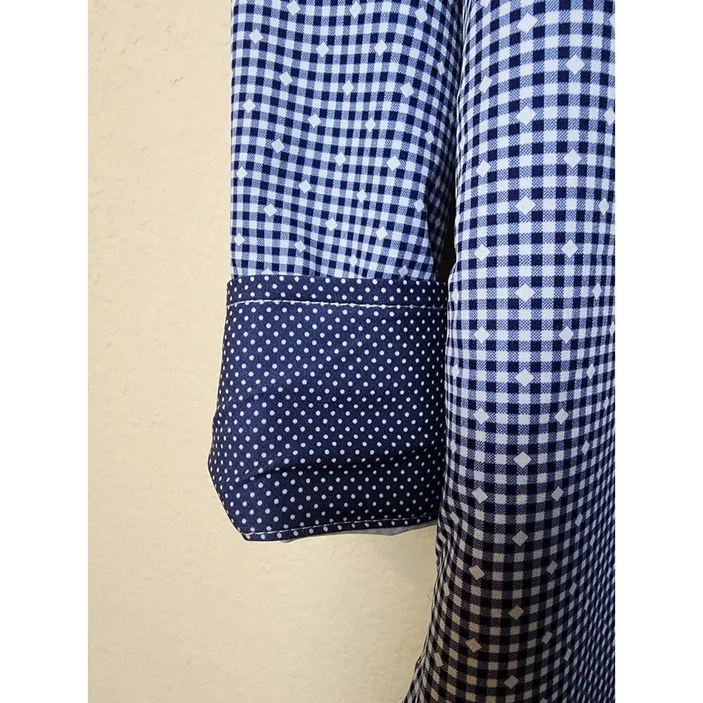 WRK Dress LS Shirt Mens 17 4-Way Stretch Blue Check Flip Cuff Fitted Button